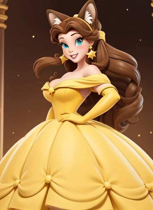 1 girl, Female character with tied brown hair , light skin,  hazel eyes ,  She wore a yellow off-the-shoulder party dress and matching opera gloves., Princess Belle(( a girl)),  masterpiece , ( lyrics, best render ), (Beautiful girl, beauty), (bomb, Pin-up style), hot, hilo dental,  perfect body ,  4k high definition , Disney Princess,  beautiful princess faith , anime princess,  HD artwork , Arte oficial,  Disney cartoon , beautiful princess,  long and slender legs ,  big breasts, pose sexy, beautiful princess,  A cartoon princess with a yellow dress and long hair ., beautiful princess,  beautiful princess faith , anime princess, gala dress, beauty, princess girl, full body close-up shot,  Disney character , Disney Princess,  brown hair, Disney Princess, Beautiful queen, wearing a yellow dress, Detailed dress and face.,  Disney character  style,  In a ballrooma girl ,   Fox ears  , calm smile, Long  brown hair, Star, turquoise blue eyes, Star pagupagil (Girl with  brown hair) (  short ears fox  ) (turquoise blue eyes) (   leg length hair   ) ( long  brown hair with turquoise tips )  long  brown hair with turquoise tips  :    Long hair up to the fingers Turquoise hair extension   , largo hair,   Fox ears   (Girl with  brown hair with turquoise tipags) (  Fox ears  ) (turquoise blue eyes) (  Hair down to the legs  ) (look: touch) (   big breasts ) ( long  brown hair with turquoise tips )  long  brown hair with turquoise tips  :    Blue-dyed tips up to the tips of her feet Turquoise blue hair extension  , largo hair,   Fox ears  , {{  Fox ears  }}, brown   Fox ears   and tail , fox animal ears, Belle dress , blue collar,   headband from behind  , Belle's yellow long dress