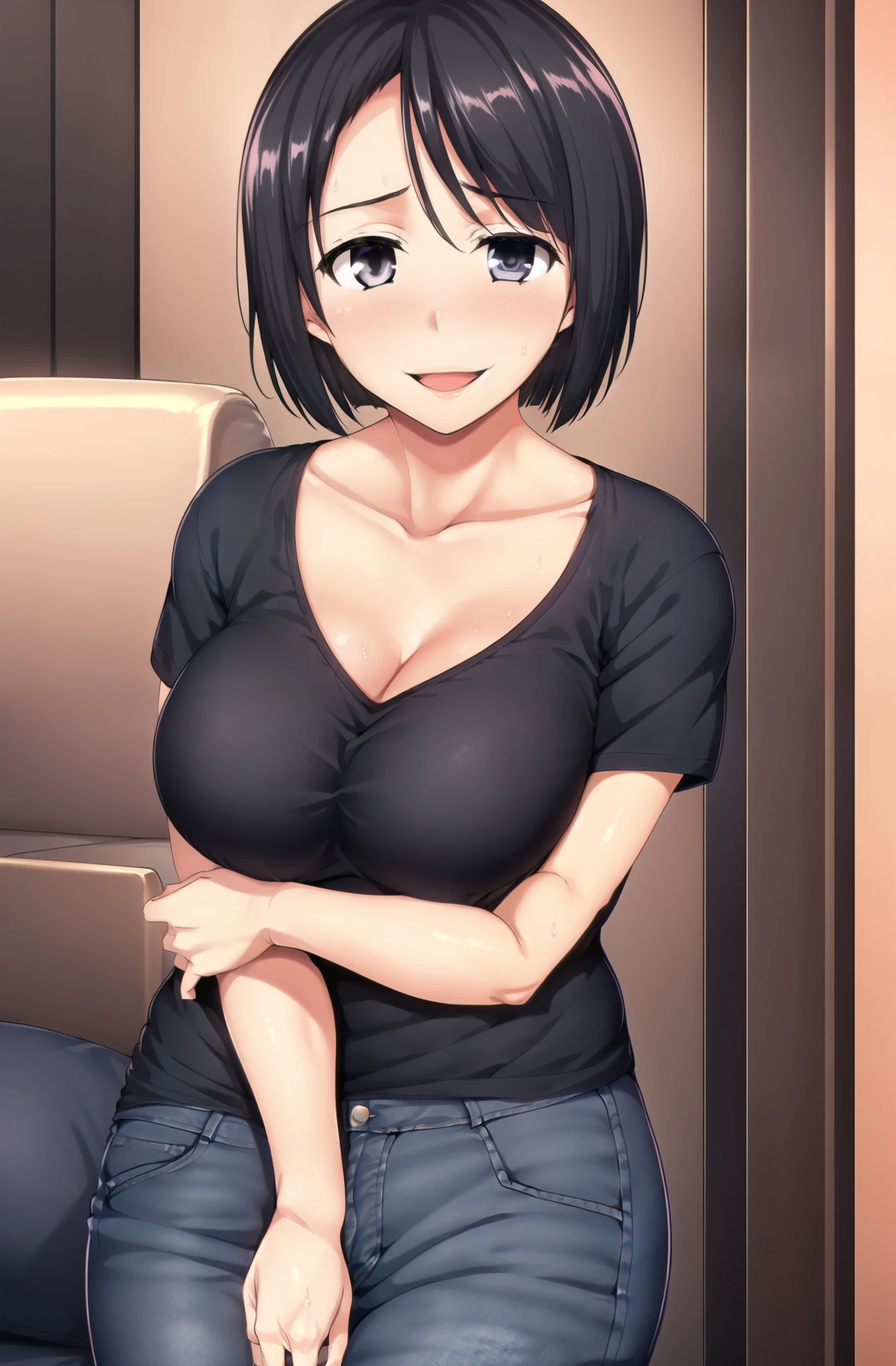 1girl, breasts, solo, black hair, short hair, shirt, looking at viewer, blush, asimmertical bangs, open mouth, collarbone, black eyes, denim skirt , large breasts, short sleeves, smile, black shirt, sweatdrop, , indoors, mature female, skirt, standing, , huge breasts, official art, extremely detailed CG unity 8k wallpaper, Colorful, (masterpiece:1.0), (best_quality:1.0), ultra high res, 4K, ultra-detailed,
