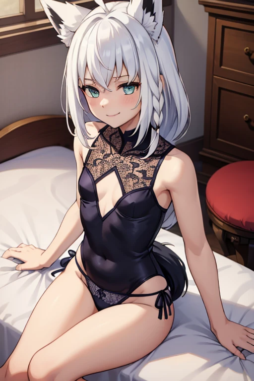 ((highest quality))、((Best image quality))、((masterpiece))、insanely detailed, One Girl、Beautiful silver hair、((((Very short hair))))、blue eyes、(hair band), ((Medium chest)), 24-years-old、 (((dark skin))), (((Sunburned))), (((skinny))), Tight waist、smile、Enchanting anime girl, Fine details, Beach, Top rated on pixiv, Luxury hotel rooms、night、On the bed、 (((anime_Screen Cap))), animeted gif, looking back at viewer,back shot, ((restrained)), shackles, ((rope)), Sexy Lingerie、Embarrassed, blush, Fishnet tights、Embarrassed look、Side  are visible、Underboob is visible、