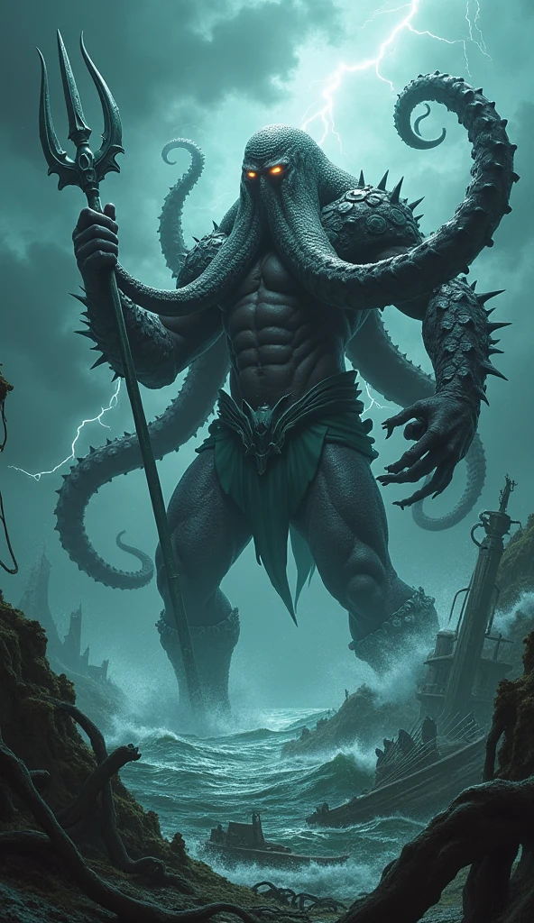 Cthulhu, The squid-headed alien god and the sprawling limbs of H . P. Lovecraft, venant envahir le monde humain, surrounded by a greenish mist coming from the stormy sea. Humans flee its presence. Overall view, ambiance froide dans les vert et bleue avec de la brume. Realistic Photography . capture dans le style photographique d'Alexandria Ramon, master piece, Photo brute, beste-Qualit, ultime illustration, Ultra-detailed, 16k, extremly detailed.