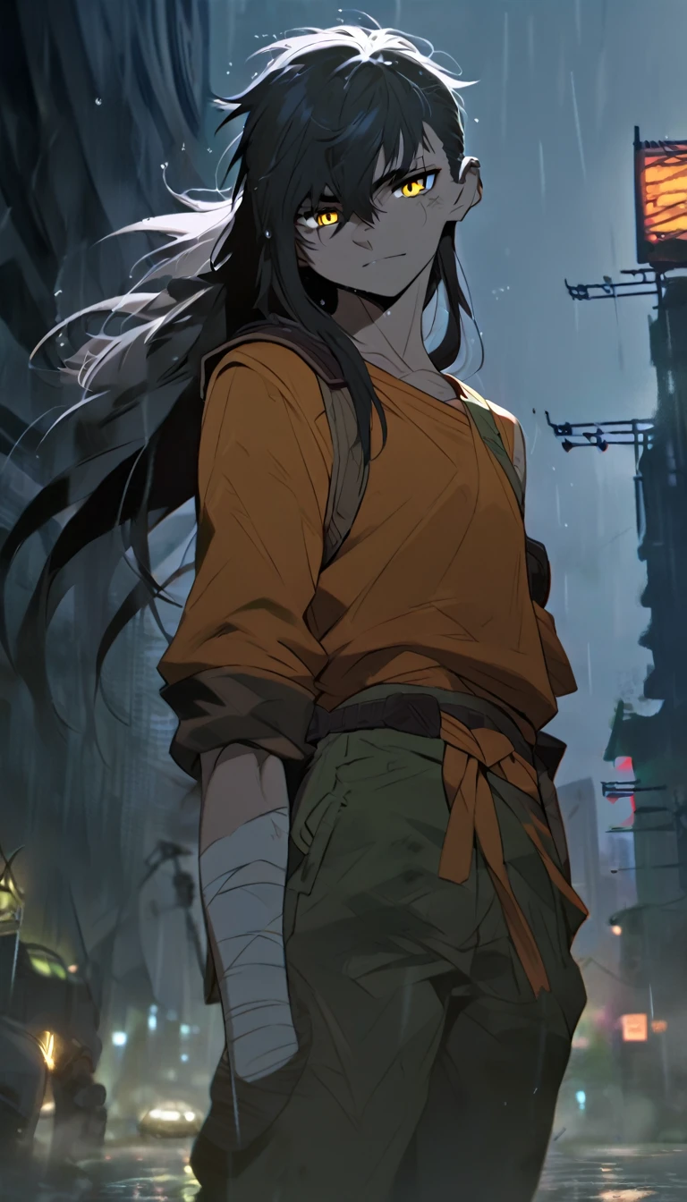 Alone,long hair,golden eyes, hairstyle, monk,skinny,teenager,young,dirty clothes,survival outfit,bandages, fur-trimm,rat furry,master Splinter, dark city,midnight,rain fall, melancholic tone,city lights in the background 