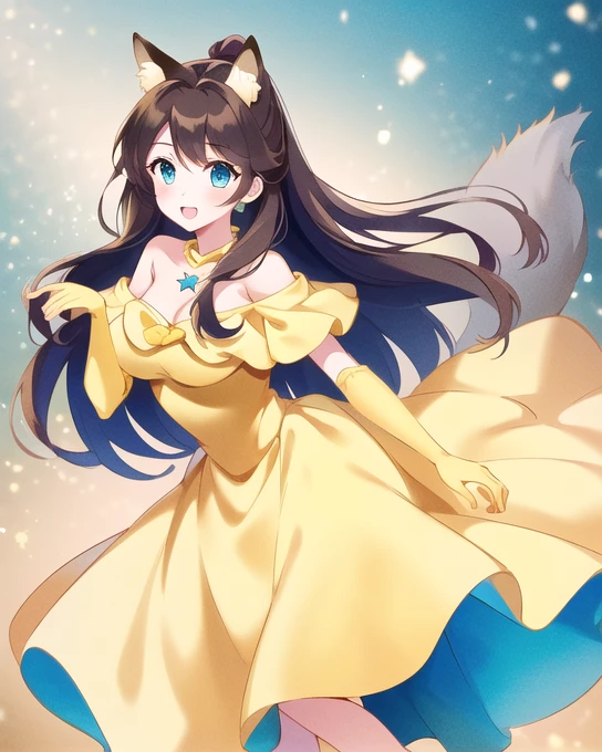 1 girl, Female character with tied brown hair , light skin,  hazel eyes ,  She wore a yellow off-the-shoulder party dress and matching opera gloves., Princess Belle(( a girl)),  masterpiece , ( lyrics, best render ), (Beautiful girl, beauty), (bomb, Pin-up style), hot, hilo dental,  perfect body ,  4k high definition , Disney Princess,  beautiful princess faith , anime princess,  HD artwork , Arte oficial,  Disney cartoon , beautiful princess,  long and slender legs ,  big breasts, pose sexy, beautiful princess,  A cartoon princess with a yellow dress and long hair ., beautiful princess,  beautiful princess faith , anime princess, gala dress, beauty, princess girl, full body close-up shot,  Disney character , Disney Princess,  brown hair, Disney Princess, Beautiful queen, wearing a yellow dress, Detailed dress and face.,  Disney character  style,  In a ballrooma girl ,   Fox ears  , calm smile, Long  brown hair, Star, turquoise blue eyes, Star pagupagil (Girl with  brown hair) (  short ears fox  ) (turquoise blue eyes) (   leg length hair   ) ( long  brown hair with turquoise tips )  long  brown hair with turquoise tips  :    Long hair up to the fingers Turquoise hair extension   , largo hair,   Fox ears   (Girl with  brown hair with turquoise tipags) (  Fox ears  ) (turquoise blue eyes) (  Hair down to the legs  ) (look: touch) (   big breasts ) ( long  brown hair with turquoise tips )  long  brown hair with turquoise tips  :    Tips dyed blue to the tips of her feet Turquoise hair extension That , largo hair,   Fox ears  , {{  Fox ears  }}, brown   Fox ears   and tail , fox animal ears, Belle dress , blue collar,   headband from behind  , Belle's yellow long dress