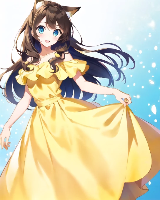 1 girl, Female character with tied brown hair , light skin,  hazel eyes ,  She wore a yellow off-the-shoulder party dress and matching opera gloves., Princess Belle(( a girl)),  masterpiece , ( lyrics, best render ), (Beautiful girl, beauty), (bomb, Pin-up style), hot, hilo dental,  perfect body ,  4k high definition , Disney Princess,  beautiful princess faith , anime princess,  HD artwork , Arte oficial,  Disney cartoon , beautiful princess,  long and slender legs ,  big breasts, pose sexy, beautiful princess,  A cartoon princess with a yellow dress and long hair ., beautiful princess,  beautiful princess faith , anime princess, gala dress, beauty, princess girl, full body close-up shot,  Disney character , Disney Princess,  brown hair, Disney Princess, Beautiful queen, wearing a yellow dress, Detailed dress and face.,  Disney character  style,  In a ballrooma girl ,   Fox ears  , calm smile, Long  brown hair, Star, turquoise blue eyes, Star pagupagil (Girl with  brown hair) (  short ears fox  ) (turquoise blue eyes) (   leg length hair   ) ( long  brown hair with turquoise tips )  long  brown hair with turquoise tips  :    Long hair up to the fingers Turquoise hair extension   , largo hair,   Fox ears   (Girl with  brown hair with turquoise tipags) (  Fox ears  ) (turquoise blue eyes) (  Hair down to the legs  ) (look: touch) (   big breasts ) ( long  brown hair with turquoise tips )  long  brown hair with turquoise tips  :    Tips dyed blue to the tips of her feet Turquoise hair extension That , largo hair,   Fox ears  , {{  Fox ears  }}, brown   Fox ears   and tail , fox animal ears, Belle dress , blue collar,   headband from behind  , Belle's yellow long dress