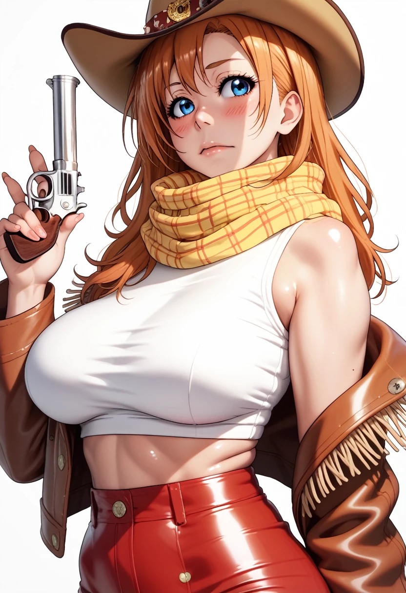 score_9, score_8_up, score_7_up, score_6_up,Shiny skin, kousaka honoka, blue eyes, beautiful, tight , Blushing, big breasts, RUKIA Style, HENTAI ,  She wears a red cowboy hat, yellow scarf, and beige fringed jacket that’s open to reveal a white crop top, under ,The character is holding a revolver playfully beside her head, cowboy shot 