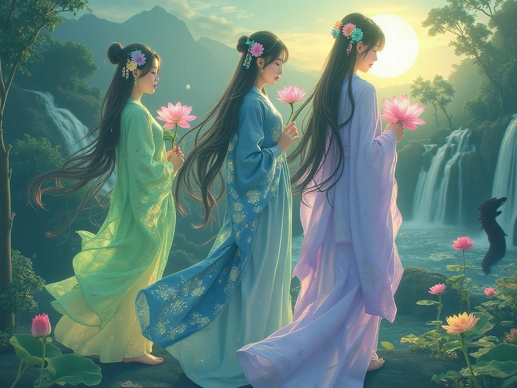 ((masterpiece))  ((Highest quality))  ((photography))  
A serene and ethereal composition featuring three elegant women in traditional East Asian attire, each embodying grace and mystery. 

1. The first woman, with long flowing black hair adorned with colorful hairpins and floral accents, wears an intricately designed green robe with traditional patterns. She stands under a luminous full moon, surrounded by faint silhouettes of trees and mountains, exuding tranquility and mystical charm.

2. The second woman has long black hair adorned with a delicate flower accessory, holding a blooming lotus flower in her right hand. She wears a flowing traditional garment in shades of blue and purple. The backdrop reveals cascading waterfalls and lush greenery, while a dark, enigmatic figure lurks in the shadows, adding a layer of intrigue to the serene atmosphere.

3. The third woman, with her flowing black hair decorated with delicate hairpins and a subtle blue mark on her forehead, holds a pink lotus flower delicately. She is dressed in an elegant traditional outfit, set against a mystical landscape of waterfalls and greenery, illuminated by soft, ethereal light. A faint shadowy figure of a mythical creature appears in the background, enhancing the scene's enchanting and harmonious allure.

The overall composition blends these elements of elegance, natural beauty, and subtle fantasy, creating a captivating and dreamlike atmosphere.