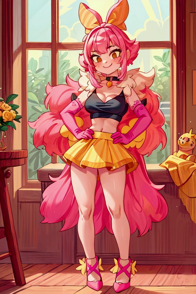 "Masterpiece, best quality, 1 girl, pink hair, big bow, elbow gloves, black crop top, fur stole, choker, standing indoors with intricate details and sunlight. black orange and yellow frilled dress striped with short neckline, Sweet smile, sexy pose, coquette, beautiful legs, mature body, gorgeous, pronounced breasts