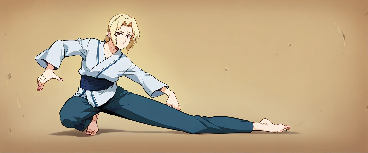 (Caucasian ethnicity) masterpiece, 4k,  lyrics, Tsunade, barefoot, Alone, At home, wearing martial arts pants