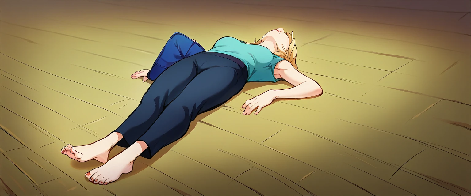 (Caucasian ethnicity) masterpiece , 4K, high quality, Tsunade, barefoot, Alone, at home, wearing boring ,  Taekwondo pants on the floor lying on my back