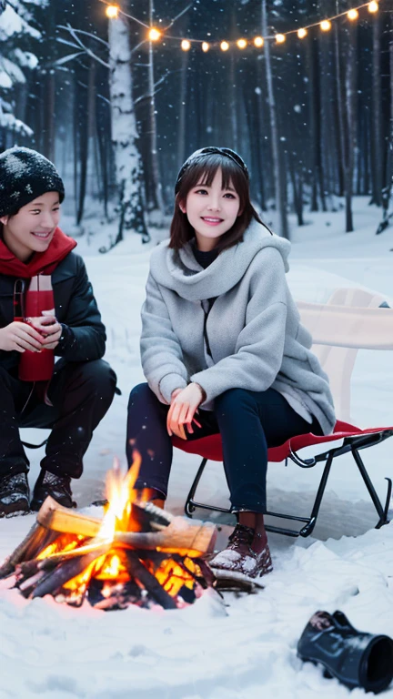 High quality, high quality, high quality, 8k, Japanese beautiful girl、(Warm clothing)、In the snow、Solo Camping、 campfire