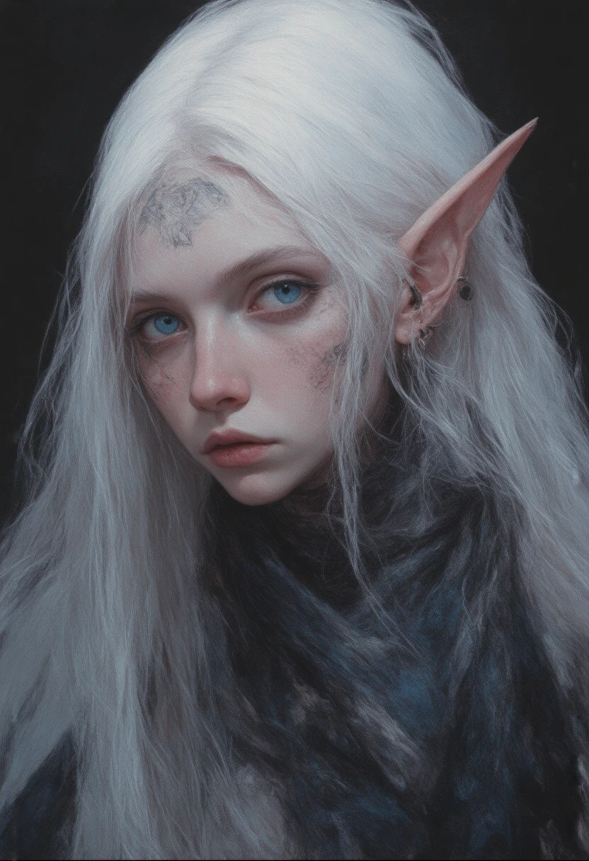 woman with long straight white hair, pale skin, thick lips, big pointy ears, 5 ear piercings, no makeup, droopy eyes, bright eyes, blue eyes, tattoos, bandages from the neck down, scar across the middle of the face 30 years old, chubby, goth, Sad, melancholic, super-powered goddess, pale blue eyes, Arcane art style