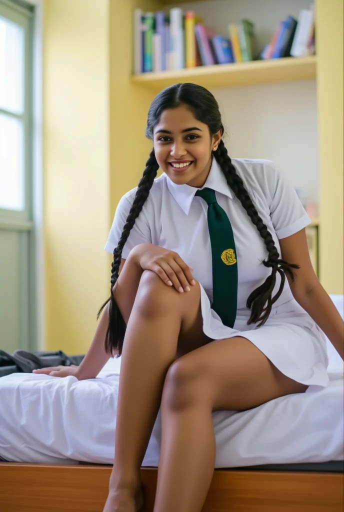 beautiful cute Sri Lankan school girl, in barefoot, Large breast size , 20 years old, wearing a white frock and a dark green tie. She has plaits, black braided long hair, correct anatomy of other body parts,  beaming with happiness as she poses road at school premises, brown skin tone, sweaty skin, thighs are  exposed, holding knees by hands, better pose, full body view, sitting on a bed in her room.