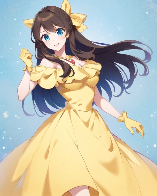 1 girl, Female character with tied brown hair , light skin,  hazel eyes ,  She wore a yellow off-the-shoulder party dress and matching opera gloves., Princess Belle(( a girl)),  masterpiece , ( lyrics, best render ), (Beautiful girl, beauty), (bomb, Pin-up style), hot, hilo dental,  perfect body ,  4k high definition , Disney Princess,  beautiful princess faith , anime princess,  HD artwork , Arte oficial,  Disney cartoon , beautiful princess,  long and slender legs ,  big breasts, pose sexy, beautiful princess,  A cartoon princess with a yellow dress and long hair ., beautiful princess,  beautiful princess faith , anime princess, gala dress, beauty, princess girl, full body close-up shot,  Disney character , Disney Princess,  brown hair, Disney Princess, Beautiful queen, wearing a yellow dress, Detailed dress and face.,  Disney character  style,  In a ballrooma girl ,   Fox ears  , calm smile, Long  brown hair, Star, turquoise blue eyes, Star pagupagil (Girl with  brown hair) (  short ears fox  ) (turquoise blue eyes) (   leg length hair   ) ( long  brown hair with turquoise tips )  long  brown hair with turquoise tips  :    Long hair up to the fingers Turquoise hair extension   , largo hair,   Fox ears   (Girl with  brown hair with turquoise tipags) (  Fox ears  ) (turquoise blue eyes) (  Hair down to the legs  ) (look: touch) (   big breasts ) ( long  brown hair with turquoise tips )  long  brown hair with turquoise tips  :    Tips dyed blue to the tips of her feet Turquoise hair extension That , largo hair,   Fox ears  , {{  Fox ears  }}, brown   Fox ears   and tail , fox animal ears, Belle dress , blue collar,   headband from behind  , Belle's yellow long dress, Red rose on the hands