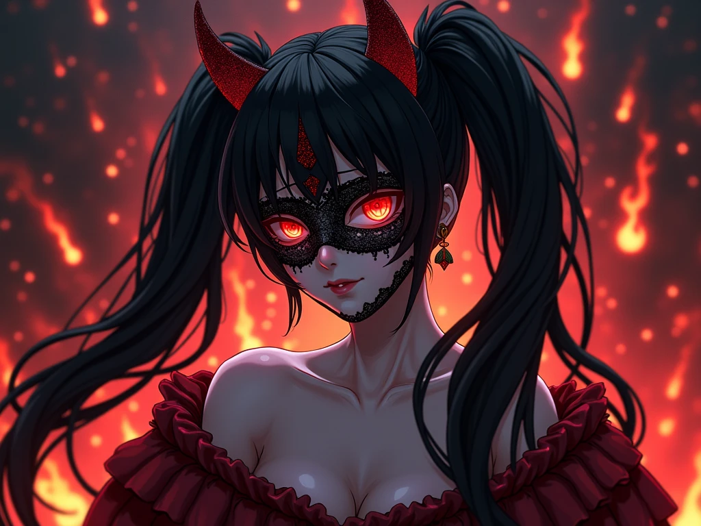Adashino Benio do anime Sousei no Onmyouji, pele 100% white, focus on the neck of the body, woman in front, blood red demonic samurai mask on half the face with only 1 horn, blood red demonic samurai mask on both sides, blood red triangle behind with dark red clouds inside, completely black image background

