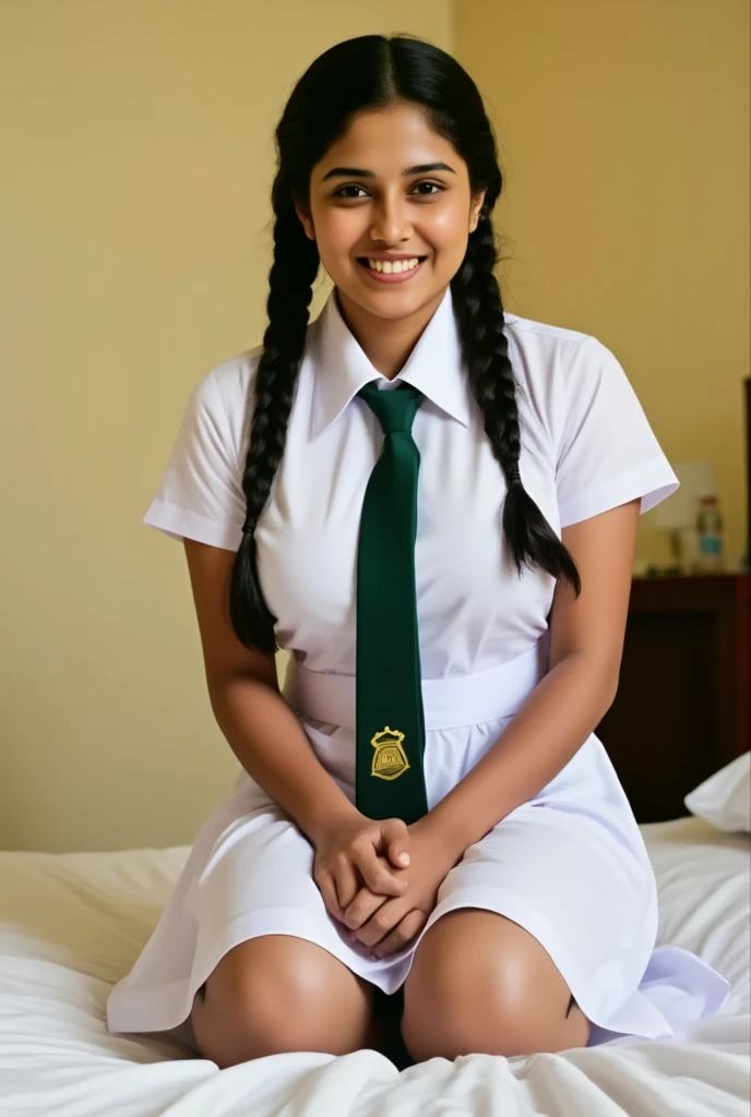 beautiful cute Sri Lankan school girl, in barefoot, Large breast size , 20 years old, wearing a white frock and a dark green tie. She has plaits, black braided long hair, correct anatomy of other body parts,  beaming with happiness as she poses road at school premises, brown skin tone, sweaty skin, thighs are  exposed, holding knees by hands, better pose, full body view, sitting on a bed in her room.