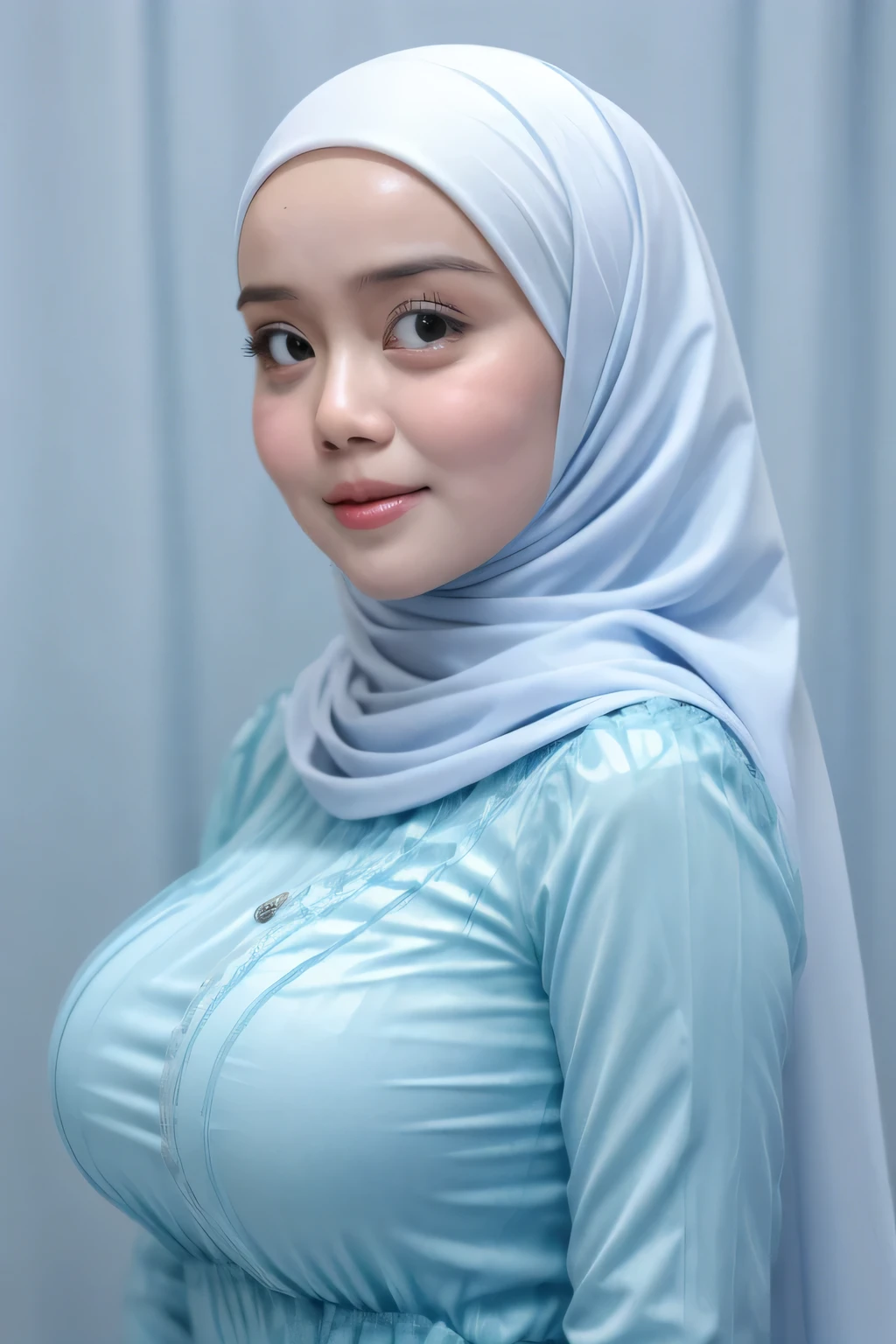 White Background, adorable, 1 girl, happy, half body portrait, ((huge breasts)). wearing transparent transparency soft long shirt, hijab .. Cute posed. proportional body. Ultra High Res. realistic: 1.4, UHD, (floral pattern), view from side seductive pose, (Sad face expression:1.2), ditepi pantai indah senja nan merah