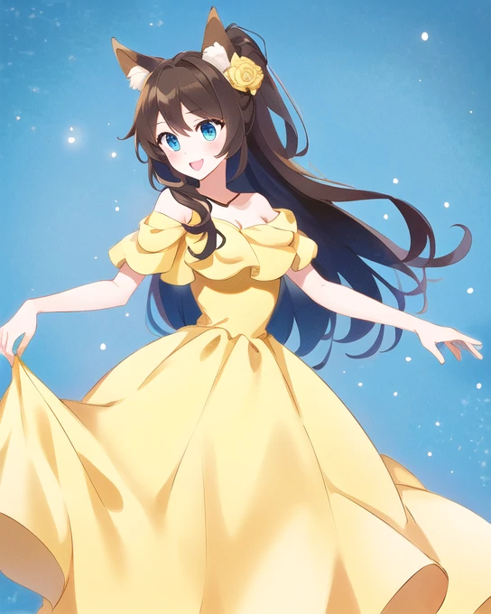 1 girl, Female character with tied brown hair , light skin,  hazel eyes ,  She wore a yellow off-the-shoulder party dress and matching opera gloves., Princess Belle(( a girl)),  masterpiece , ( lyrics, best render ), (Beautiful girl, beauty), (bomb, Pin-up style), hot, hilo dental,  perfect body ,  4k high definition , Disney Princess,  beautiful princess faith , anime princess,  HD artwork , Arte oficial,  Disney cartoon , beautiful princess,  long and slender legs ,  big breasts, pose sexy, beautiful princess,  A cartoon princess with a yellow dress and long hair ., beautiful princess,  beautiful princess faith , anime princess, gala dress, beauty, princess girl, full body close-up shot,  Disney character , Disney Princess,  brown hair, Disney Princess, Beautiful queen, wearing a yellow dress, Detailed dress and face.,  Disney character  style,  In a ballrooma girl ,   Fox ears  , calm smile, Long  brown hair, Star, turquoise blue eyes, Star pagupagil (Girl with  brown hair) (  short ears fox  ) (turquoise blue eyes) (   leg length hair   ) ( long  brown hair with turquoise tips )  long  brown hair with turquoise tips  :    Long hair up to the fingers Turquoise hair extension   , largo hair,   Fox ears   (Girl with  brown hair with turquoise tipags) (  Fox ears  ) (turquoise blue eyes) (  Hair down to the legs  ) (look: touch) (   big breasts ) ( long  brown hair with turquoise tips )  long  brown hair with turquoise tips  :    Tips dyed blue to the tips of her feet Turquoise hair extension That , largo hair,   Fox ears  , {{  Fox ears  }}, brown   Fox ears   and tail , fox animal ears, Belle dress , blue collar,   headband from behind  , Belle's yellow long dress, Red rose on the hands