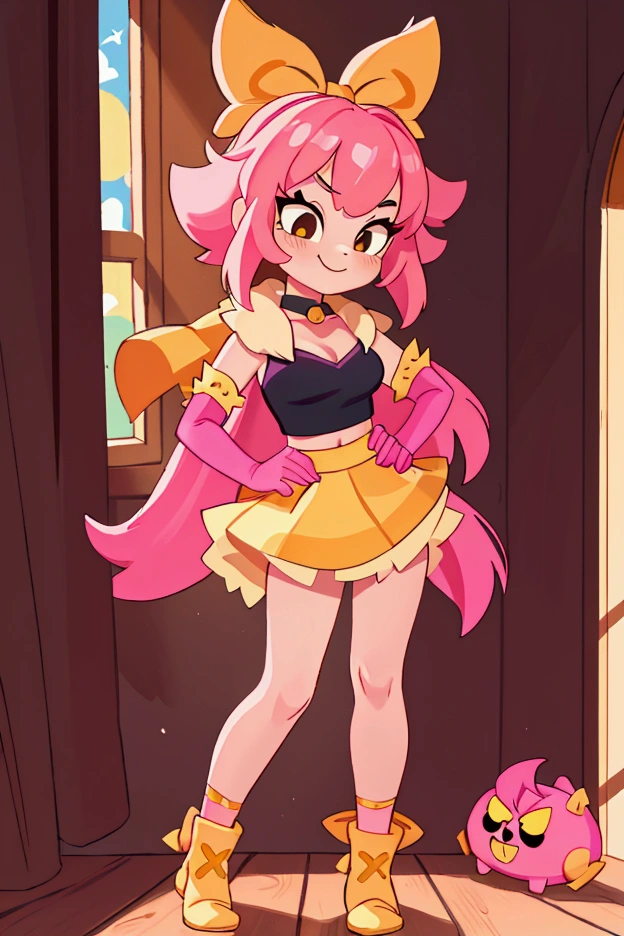 "Masterpiece, best quality, 1 girl melodie brawl stars, pink hair, big bow, elbow gloves, black crop top, fur stole, choker, standing indoors with intricate details and sunlight. black orange and yellow frilled dress striped with short neckline, Sweet smile, sexy pose, coquette, beautiful legs, mature body, gorgeous, pronounced breasts