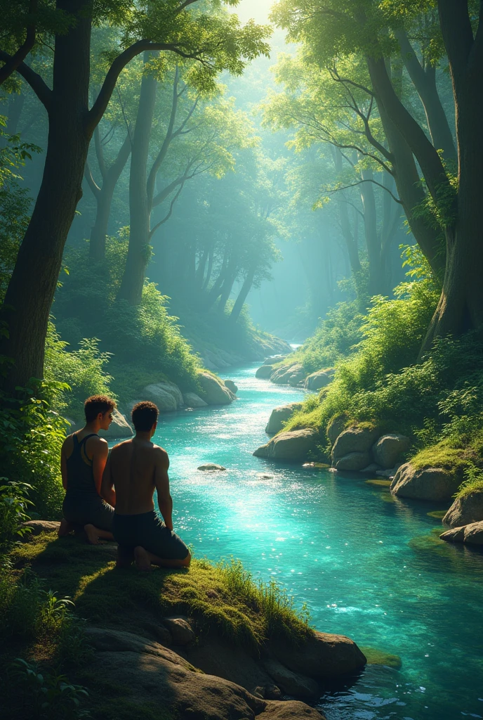 Two Cambodian hunters sit on a wooden bed on a tree staring at a pool of water in the forest where wild animals are drinking 8k