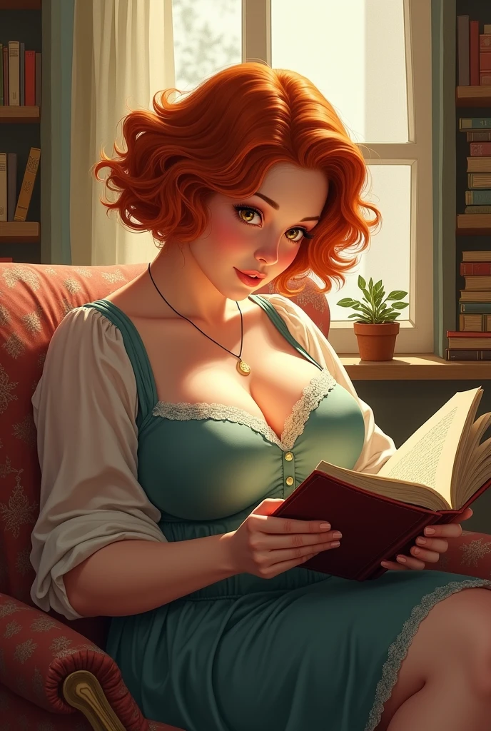 Sexy librarian, curly hair, Afro, redhead, He would be, parts, pink nipples, very pretty, reading, knitted sweater, long skirt, shy