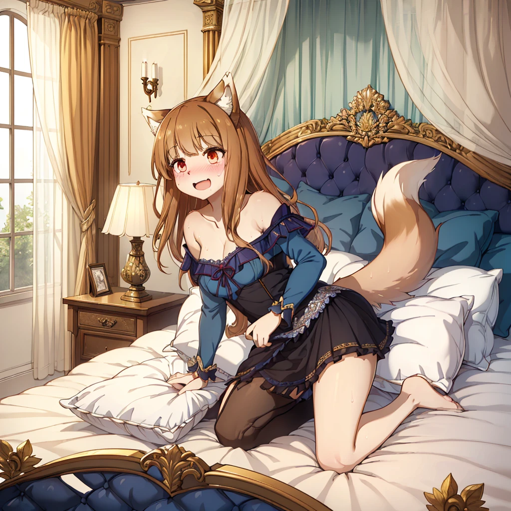 （masterpiece，best quality），mine, The Beast, , ( ））,  cute girl posing on pillow,，nature,, (blush),a smile，Pillow,（Lots of Pillow），Soft cushion，（canopy bed），（Pillow），Lots of Pillow，（Friction in the crotch），（（PillowCamel）），（A tail），（Around the protagonist），steam，（Pillow），（LuxuryPillow），（Palace Pillow Pattern Pillow），（palace），（Palace bedroom），（Gorgeous Pattern Pillow），Soft Pillow，，（Classical European style bedroom ），（excited，shy person，Lack of expressiveness，），pillow hump,，(Deluxe Rococo Canopy King Bed),Luxurious curtains with ornate ruffles and ribbons hang around the large bed.,((((The bed is piled with many Pillows)))),Quilt details,Detailed bed linen,Ruffled Bed Skirt,Deep Bed,Background with depth,((Pillow in detail)), ((((A Lot of Pillow))))，,，Detailed Soft Pillow,,((女孩正躺在许多Soft Pillow上,There are many Pillows around))，、、In a large canopy bed、Soft sheets and quilts、Colorful soft Pillow、Lots of Pillow、Soft toned bed、Ruffled curtains around the bed.。Delicate face，（Ornate pattern pillow），Soft pillow，，（ classical European style bedroom  ），（Excited face，Opened mouth，Shy，），holo，wolf girl，sweaty，，（more pillows)，，Blushing，Shy,,MASTURBATING WITH PILLOW,pillow humping, crotch rub,Exhale hot air，steam， Wolf and Spice