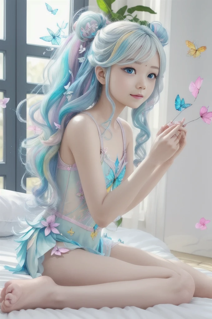  pastel colors 、Delicate painting、Dance play 、Luxray、 platinum colored hair、wind、Flying petals、Stained Glass Rhinoceros、For decoration、 complex details、dufkova、2D、Line art、Watercolor、インクWatercolor、 random color hair on the bed、 Super Long Hair 、Perfect Facial Features、beautiful表情、 gentle smile 、Angel、goddess、Symmetric、Wavy、 blonde alone、beautiful、Light、wing、Feather、Well-groomed hands and feet 、Perfect Fingers、 one girl 、Alraune、butterfly々、Alraune、