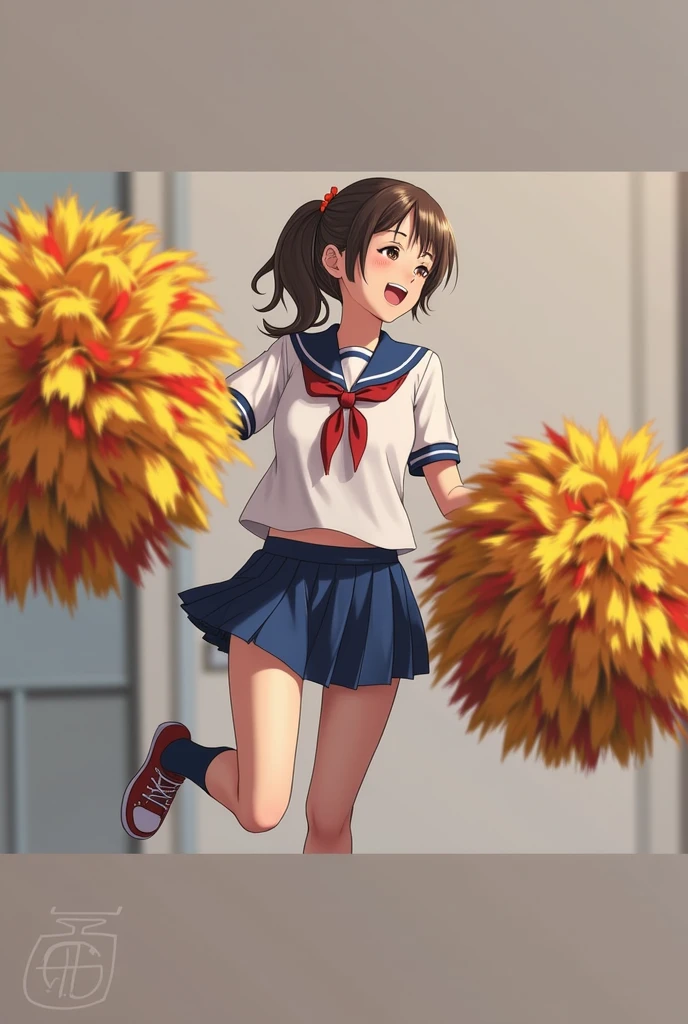 (masterpiece), (best quality), (ultra-detailed), photorealistic, (best illustration), ((an extremely delicate and beautiful)), 1girl, cheerleader, cowboy shot, pom pom \(cheerleading\), ponytail, hair scrunchie, :d, pink clothing, black hair,masterpiece,best quality,highres,ultra-detailed,aashizue,yellow eyes, outdoors, blue sky, confetti, pleated skirt,