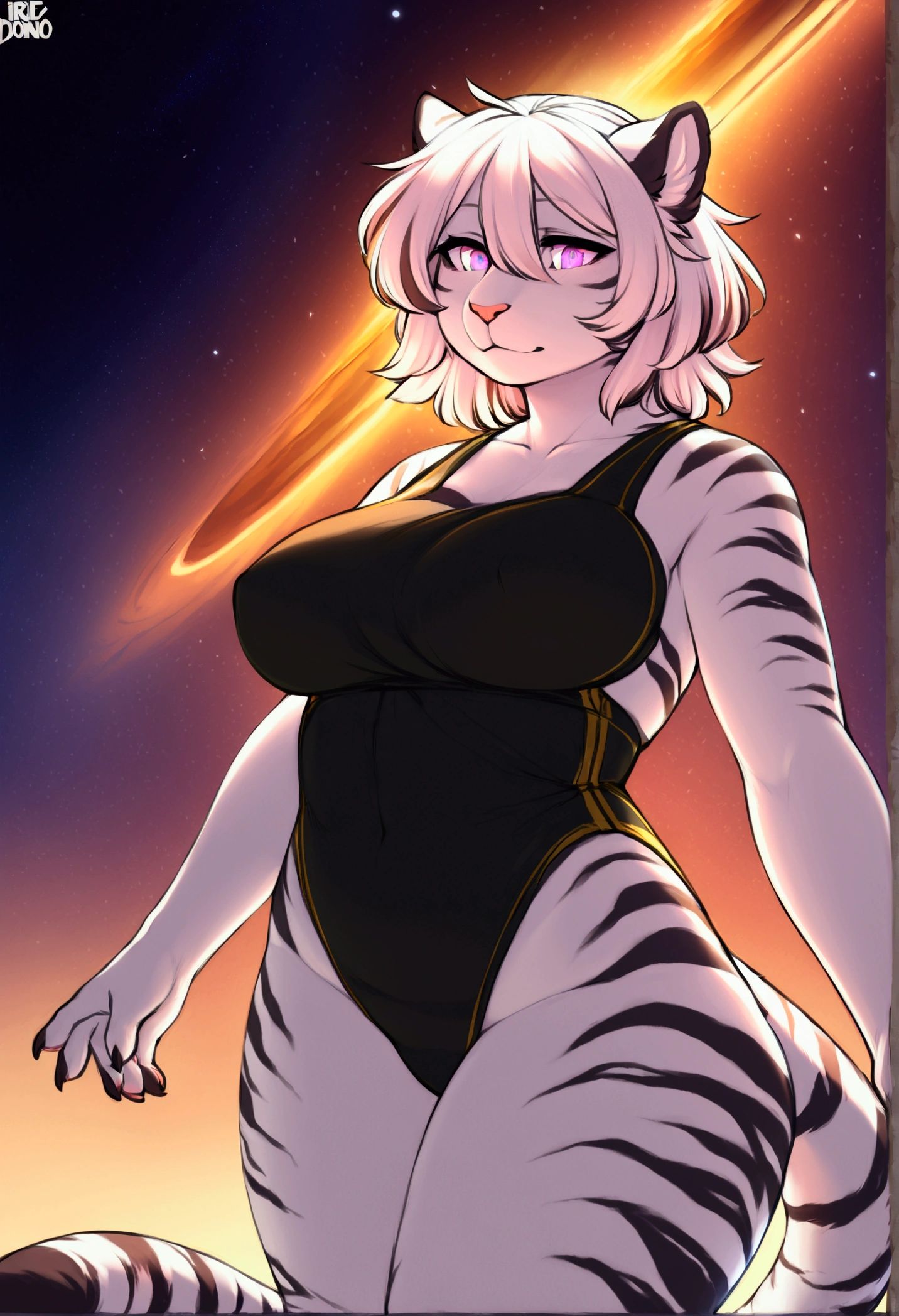 (top quality, best quality, Iriedono, High-quality illustrations, masterpiece, perfect artwork, cinematic light and shading, 16k, 1080p, uploaded on e621)(kemono, furry, anthro, alone), 1 female, (very detailed body, face, tail, arms, hands, legs, head and eyes), galaxy tiger, Hannah, (Mahjong Soul), galaxy body, perfect eyes, galaxy eyes, beautiful galaxy one-piece swimsuit, in space