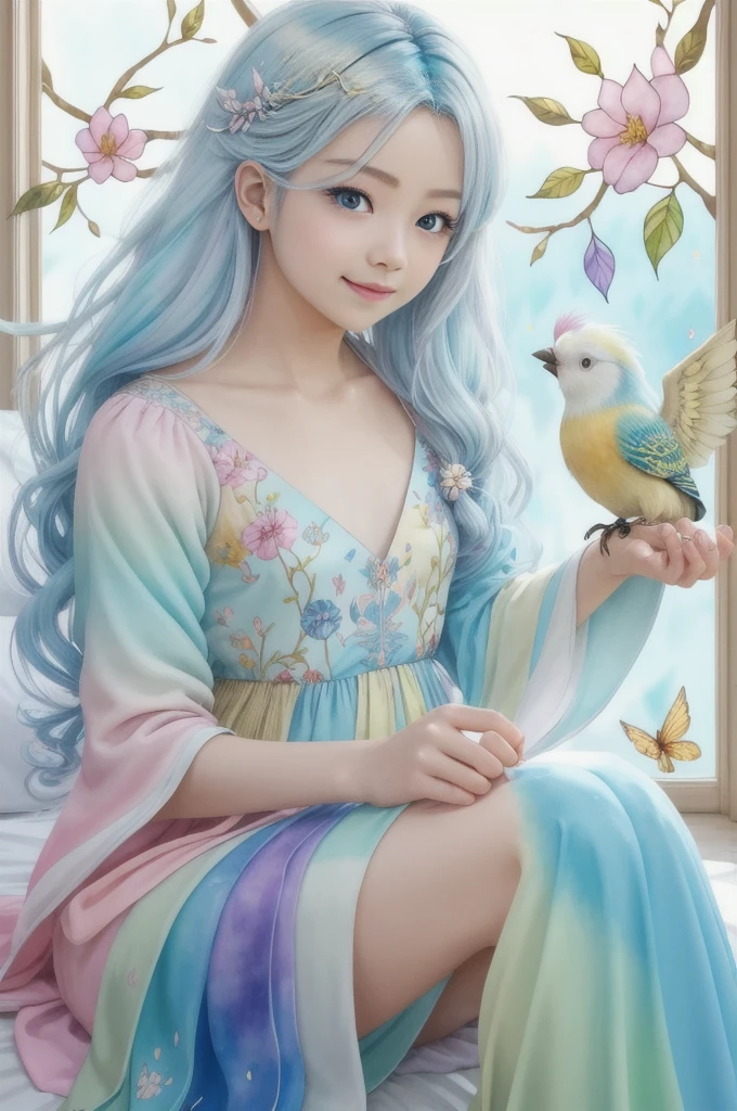  pastel colors 、Delicate painting、Playing Alone 、Luxray、 platinum colored hair、wind、飛んでいるbirdie、Stained Glass Rhinoceros、For decoration、 complex details、dufkova、2D、Line art、Watercolor、インクWatercolor、 random color hair on the bed、 Super Long Hair 、Perfect Facial Features、beautiful表情、 gentle smile 、Angel、goddess、Symmetric、Wavy、 blonde alone、beautiful、Light、wing、Feather、Well-groomed hands and feet 、Perfect Fingers、 one girl 、Alraune、birdie、Alraune、