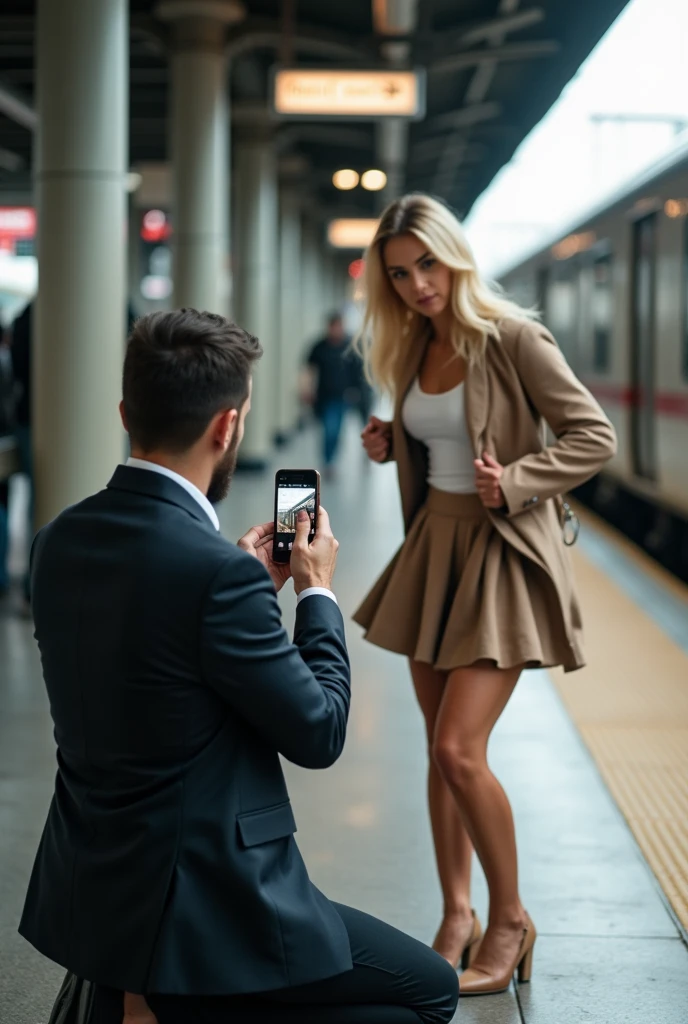 Front view of woman, man in a tailored suit, kneels on a train station platform and holds a smartphone. He captures a candid shot of the skirt of a 30-year-old young woman, with pale skin and blonde hair, who is bending over to retrieve her bag. Her skirt flutters in the wind, revealing her cute panties. The scene is tinged with a voyeuristic undertone, as the woman is oblivious to the man's actions. The composition is compact, with a shallow depth of field, which emphasizes the awkward interaction between the two characters. The skirt flutters in the wind, the woman is a bit chubby, has a nice round butt and her camel toe is visible))), front view