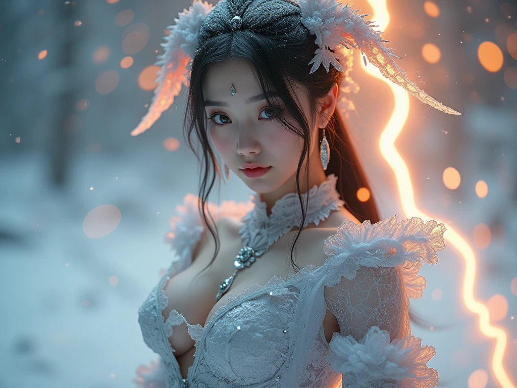(((masterpiece))), highest quality, figure, 4k wallpaper, Cinematic Light, Absurd, One girl,(snow,ice), Snow Flower, In winter, Gray Hair, Shiny Hair, Wavy Hair, Transparent clothes, Frills, race, Wet clothes, off_shoulder, Hair Scrunchie,masterpiece, telescope lens, Absurd, Graceful featureovie Posting，Poster composition，Strike a pose gracefully，classical，Natural light，Soft Light，（7 Doppelgangers） ，amazing，Dreams are magical，Mysterious、Ecstasy