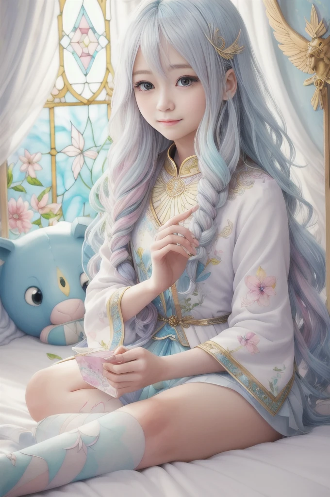  pastel colors 、Delicate painting、Playing Alone 、Luxray、 platinum colored hair、wind、飛んでいるbirdie、Stained Glass Rhinoceros、For decoration、 complex details、dufkova、2D、Line art、Watercolor、インクWatercolor、 random color hair on the bed、 Super Long Hair 、Perfect Facial Features、beautiful表情、 gentle smile 、Angel、goddess、Symmetric、Wavy、 blonde alone、beautiful、Light、wing、Feather、Well-groomed hands and feet 、Perfect Fingers、 one girl 、Alraune、birdie、Alraune、