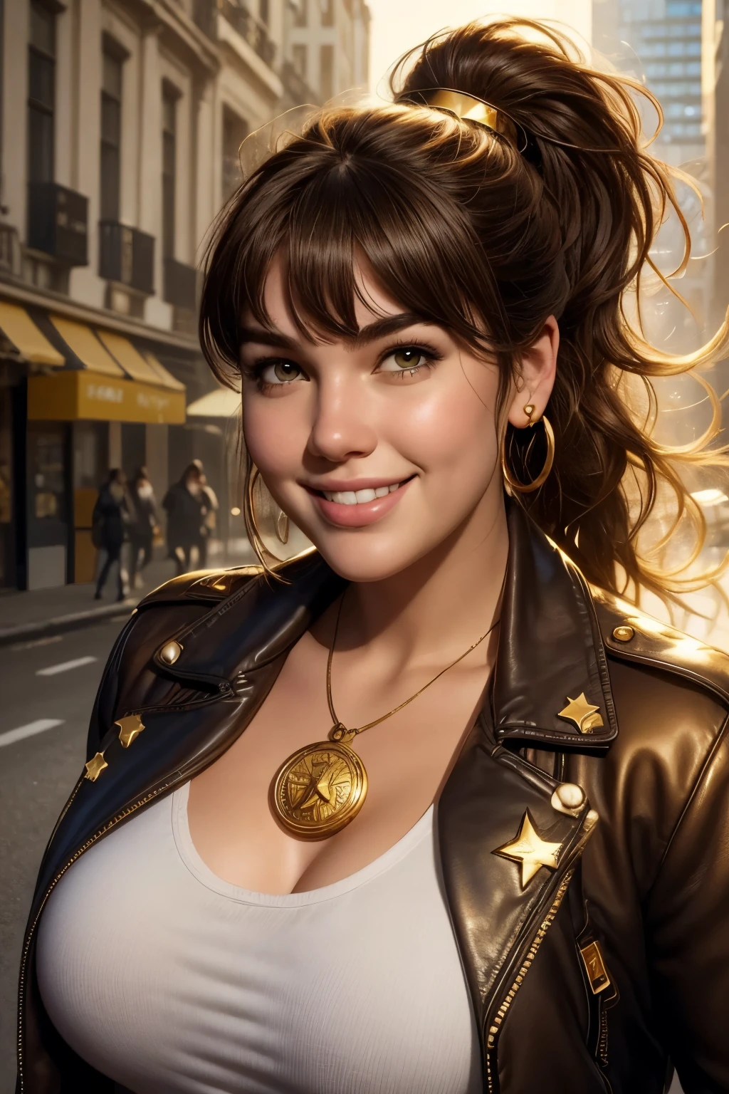 absurd quality. natural lighting . hyperrealism . fantastic illustration in comic book style . A plus-size girl , brown hair with bangs and ponytail , , funny smile, fly away , Wear a leather jacket with gold stars on the shoulders over a white t-shirt. Wear a gold medallion with zodiac symbols around your neck . huge natural breasts . near the face. close-up. LUMINOUS GOLDEN HALO , superpowers. lush. carefree. With attitude . seductive.