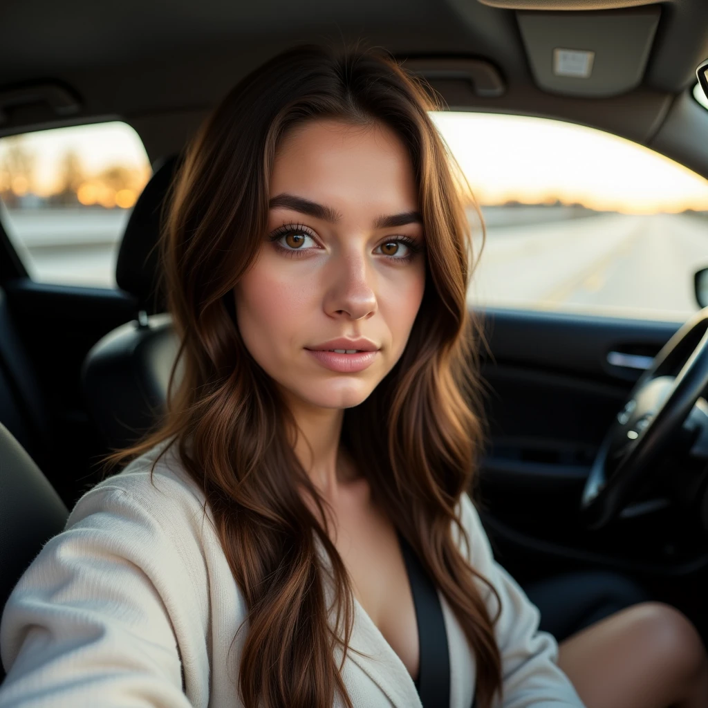 A beautiful young woman with long brown hair, hazel eyes, and fair skin, taking a selfie inside her car, (best quality,4k,8k,highres,masterpiece:1.2),ultra-detailed,(realistic,photorealistic,photo-realistic:1.37),high-quality portrait,detailed facial features,beautiful brown eyes,intricate makeup,detailed clothing,inside car,dashboard,steering wheel,car interior,warm lighting,shallow depth of field