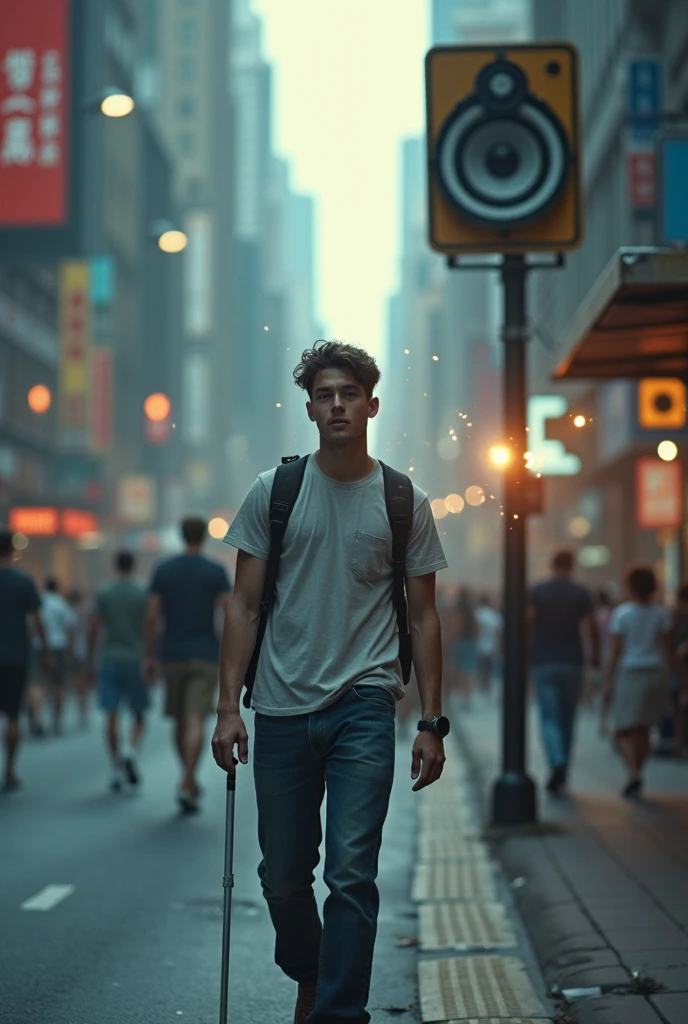 Blind young man holding a cane and with a watch on his wrist walking down the street and coming near a sign that has a speaker,  speaker and then there are signs of connection occurring between the plate and the watch , Indicating that there is a connection mechanism between the clock and the plate , And when this connection occurs, a warning appears from the , indicating that the connection between the watch and the card generated some type of sound in the card's sound mechanism

Put on an image with very chaotic traffic