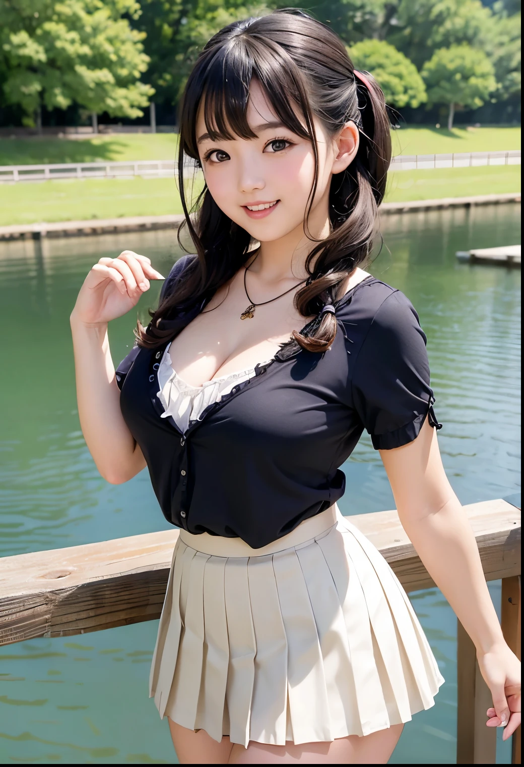 (Best Quality、masterpiece:1.3、 ultra high resolution)、( very detailed 、 caustics) (Real:1.4、RAW shooting、)Ultra-realistic capture、 very detailed 、 Natural Skin Textures 、masterpiece、(pleated skirt:1.3)、Topless、Adorable expression、Happy expression、、height: 140cm、Baby Face、Pure girl、Amazingly cute、 Twin Tail Hairstyle 、Curly Hair、ribbon、Black Hair、Large Breasts、Shining thighs、Shining ass、 necklace 、Japanese elementary school girl wearing a lake shade 、Background Details、smile、An inviting gaze、( anatomically correct)、 cowboy shot of a man、 attention to detail、Breast lift