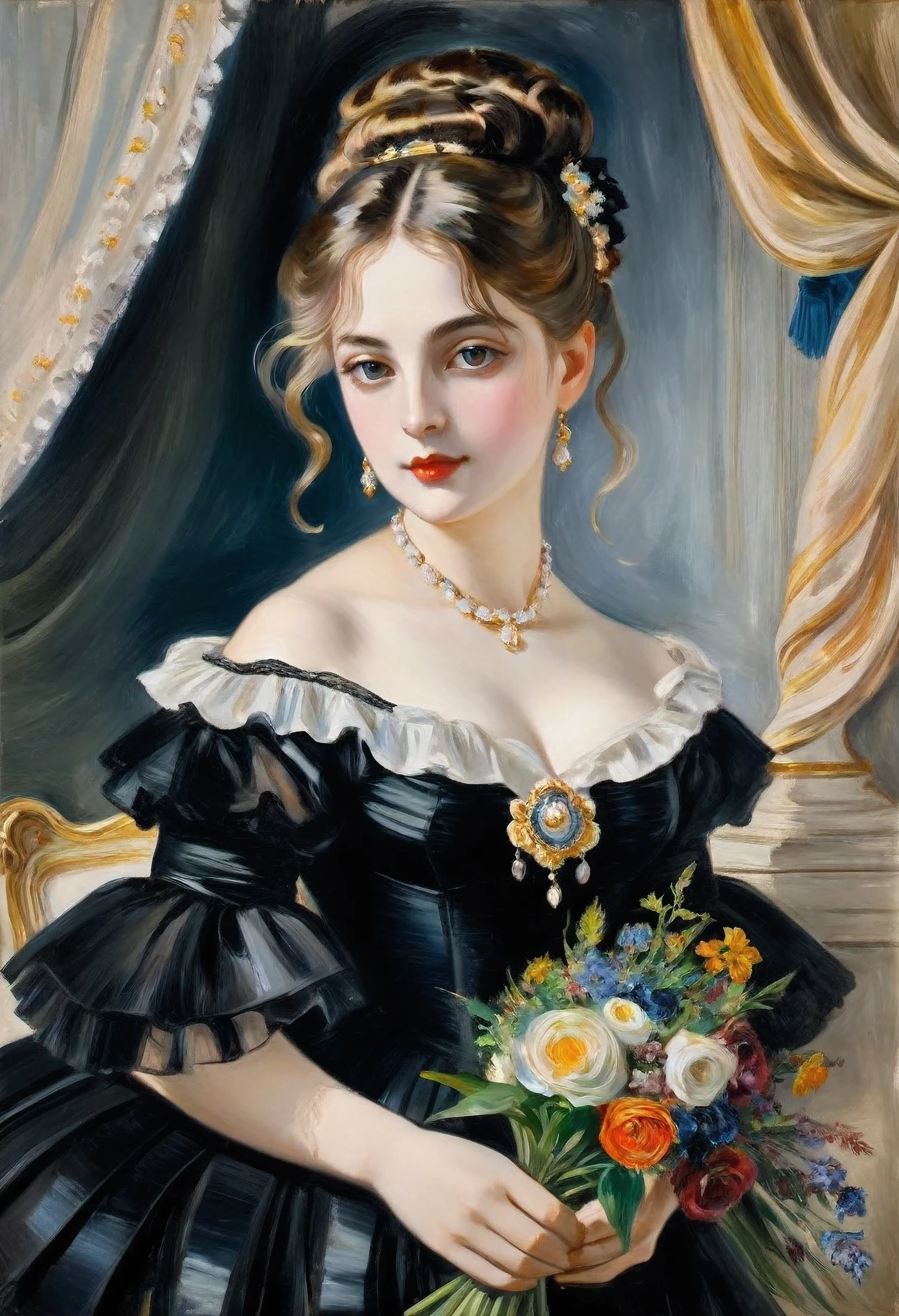 painting by Jeanne Samary in a black dress with a bouquet of flowers, Portrait of an actress, inspired by Franz Xaver Winterhalter , Portrait of Lolita, Auguste Renoir , Frédéric Basil , portrait of a young empress , young woman , , portrait of young woman