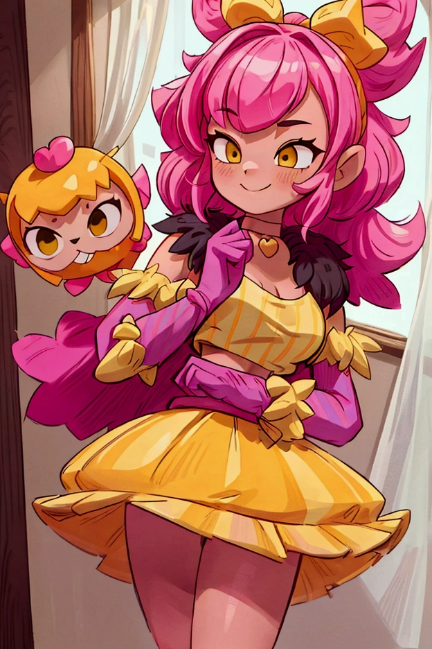 "Masterpiece, best quality, 1 girl melodie brawl stars, pink hair, big bow, elbow gloves, black crop top, fur stole, choker, standing indoors with intricate details and sunlight. black orange and yellow frilled dress striped with short neckline, Sweet smile, sexy pose, coquette, beautiful legs, mature body, gorgeous, pronounced breasts

