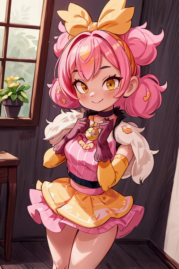 "Masterpiece, best quality, 1 girl melodie brawl stars, pink hair, big bow, elbow gloves, black crop top, fur stole, choker, standing indoors with intricate details and sunlight. black orange and yellow frilled dress striped with short neckline, Sweet smile, sexy pose, coquette, beautiful legs, mature body, gorgeous, pronounced breasts

