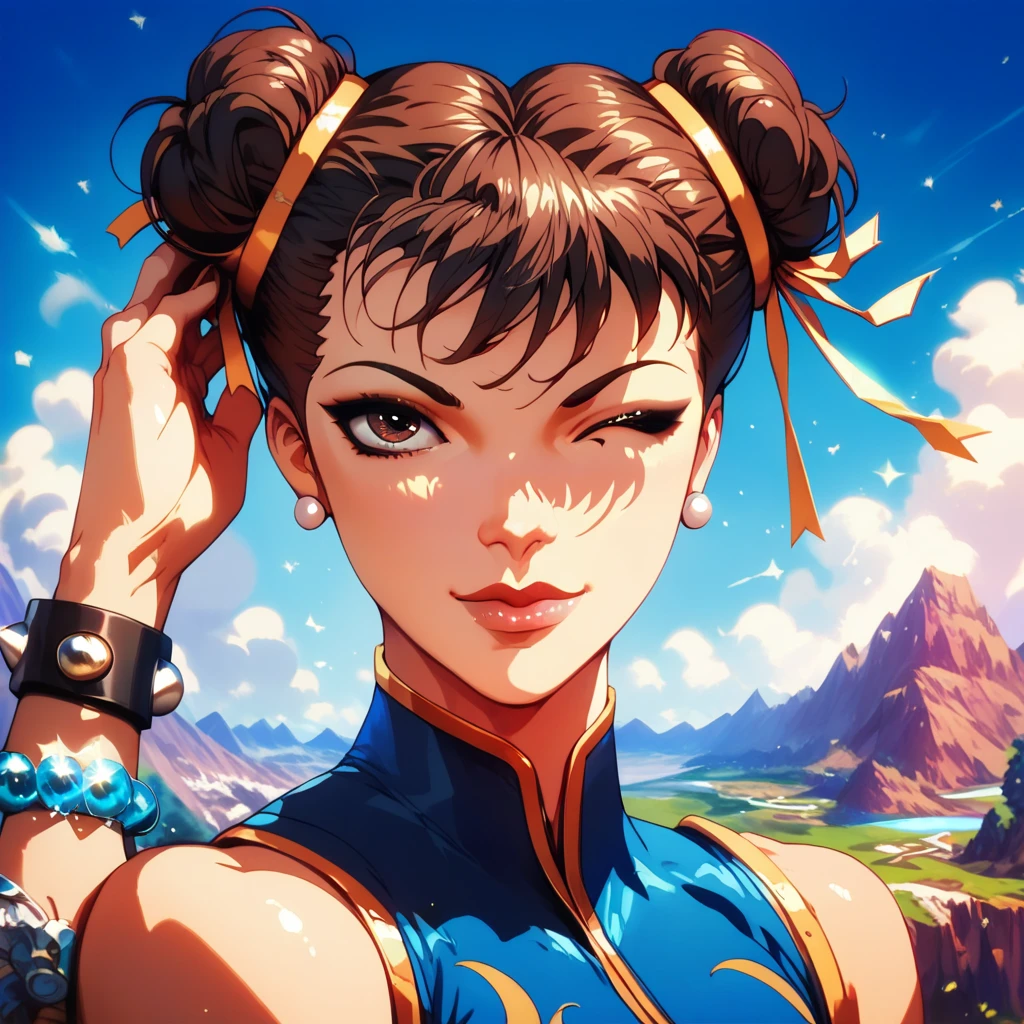 score_9, score_8_up, score_7_up, BREAK, score_9, score_9, score_8_up, score_7_up, BREAK, score_9, smile, closed mouth, one eye closed, hand in head, chunlifortnite, short hair, brown hair, ribbon, brown eyes, jewelry, hair ribbon, sleeveless, hair bun ,bracelet, lips, crop top, double bun ,bodysuit, unitard, studded bracelet, chun-li, landscape, portrait, face focus