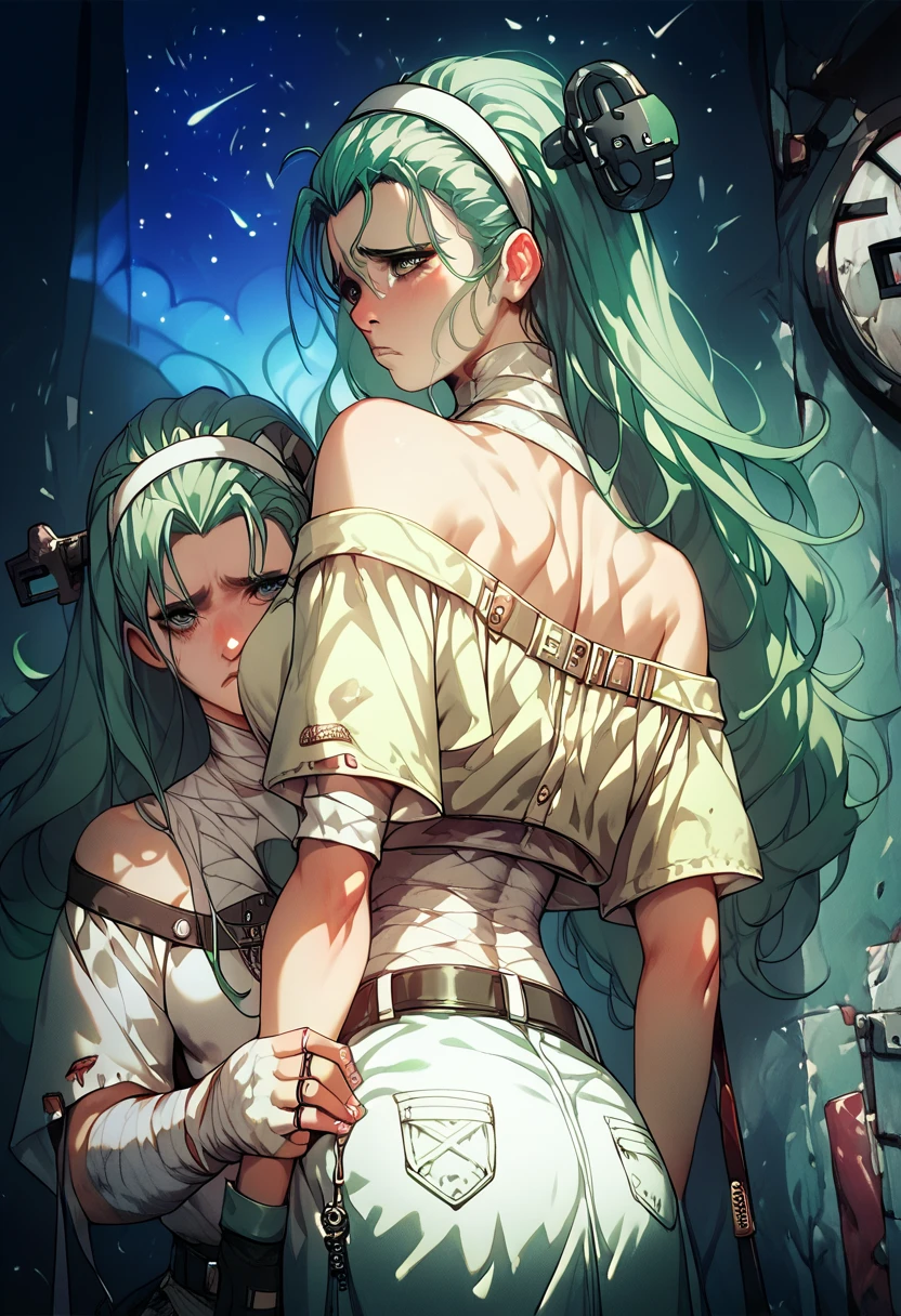 score_9, score_8_up, score_7_up, BREAK, score_9, 1girl, ggsaba, sad, dark circles, long hair, green hair, bandaged, hairband, belt key, off shoulder, skirt, fingerless gloves, object through head, from behind, cowboy shot, looking back, breasts, night