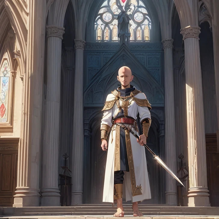 Arte conceitual, Top angle of a Knight Templar, vestindo roupa medieval, Igreja no fundo da imagem, equiretangular 360, Alto, [(arte de Willi Baumeister:1.1), (arte por John T. Maiores:1.2)::17], Arte Oficial, papel de parede Unity 8K, Ultra Detalhado, aesthetic, obra-prima, melhor qualidade, fotorrealista