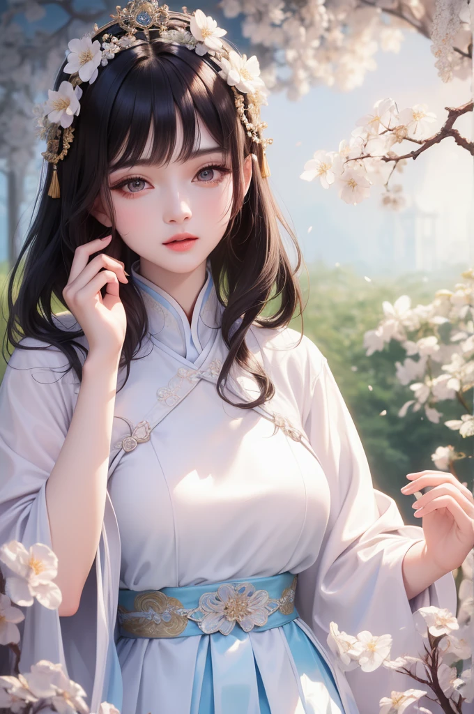 Close-up of a woman wearing a dress and tie。, Gorgeous Chinese model , palace , A girl wearing Hanfu, Traditional Beauty , A Beautiful Miraculous Queen, Chinese girl, White Himi Hairstyle , Traditional Chinese , white hanfu, Japanese Goddess, (( A Beautiful Miraculous Queen)), Cute delicate face , Chinese style, chinese princess, beautiful goddess