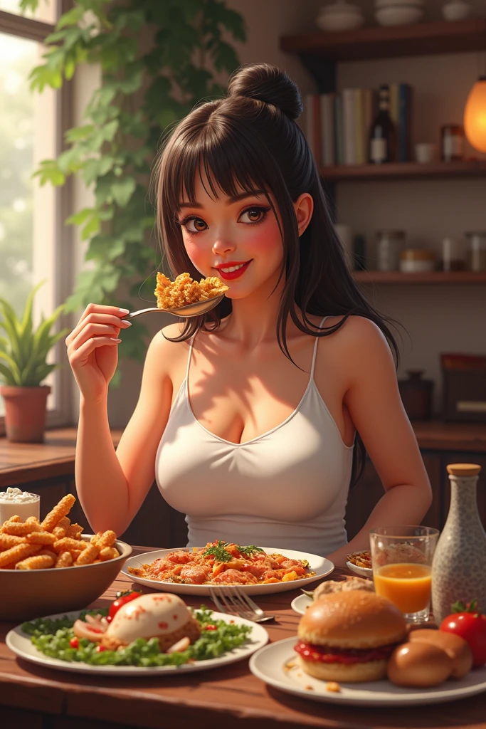 Beautiful woman eating fried chicken