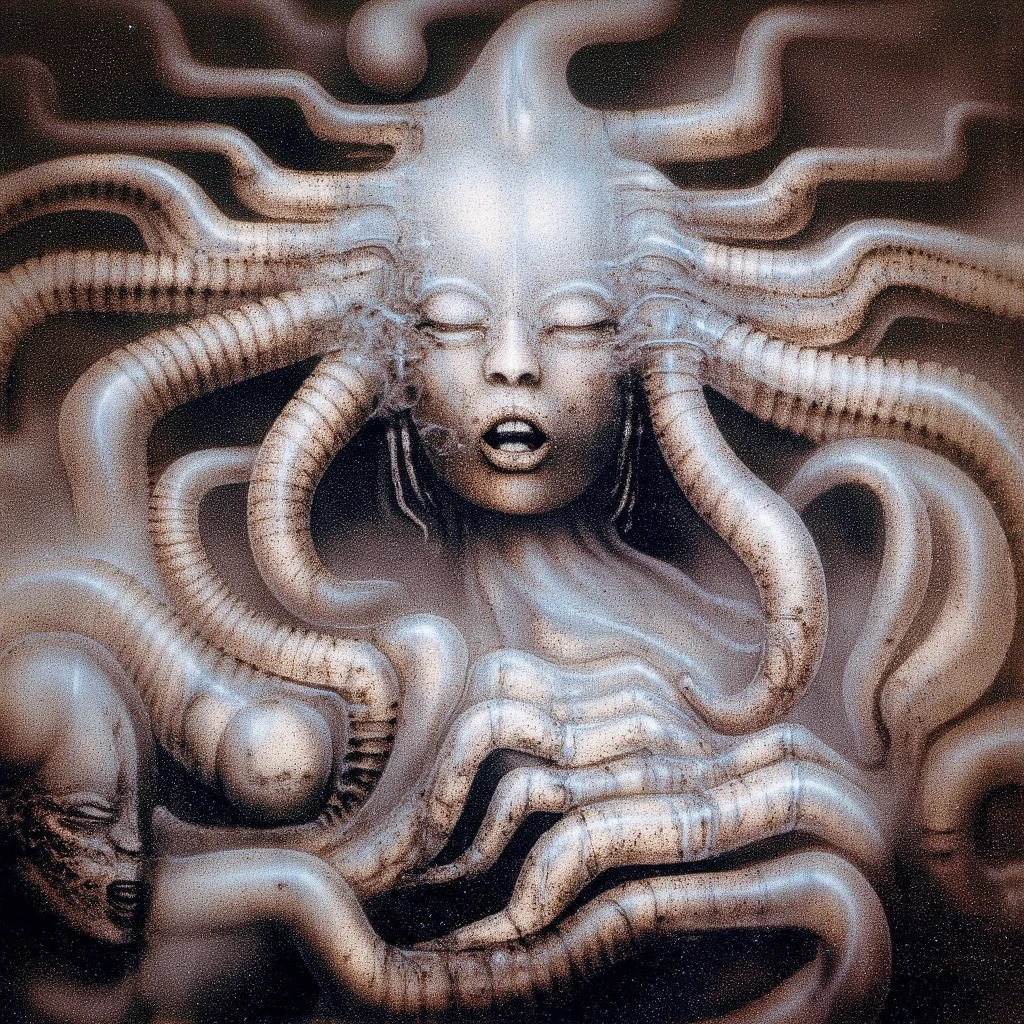 A high-definition, high-realistic portrayal of a chubby naked woman in a surreal, biomechanical environment that echoes the haunting aesthetics of H.R. Giger. Her voluptuous form is nestled within a nightmarish landscape of intertwining tentacles, tendrils, and spines that extend from the walls and floor of a cavernous chamber. The woman's skin glistens with a blend of organic sweat and a metallic sheen, as if her flesh has been fused with the surrounding technology. Her eyes are closed in a serene yet slightly pained expression, suggesting a mix of submission and resilience to the alien embrace that envelops her. The tendrils, reminiscent of octopus limbs, are adorned with bulbous tips that pulse with a sickly bioluminescence, wrapping around her body in a sensual yet restraining fashion. The scene is a tapestry of industrial hues: deep purples, greens, and blacks that create a dystopian ambiance. Spines and ridges protrude from the walls, casting sharp shadows across her soft flesh, while hoses and tubes snake around her, connecting her to the living structure of the room. The image is suffused with a sense of the surreal, as the lines between organic and mechanical blur, leaving the viewer questioning the nature of the symbiosis between the human form and the extraterrestrial architecture. The high quality of the image reveals every meticulous detail, from the intricate patterns on the tentacles to the beads of condensation on the cold metal surfaces, immersing the observer in a world that is both eerily beautiful and profoundly disturbing.