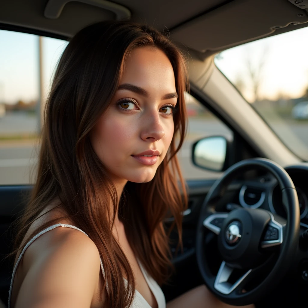 A beautiful young woman with long brown hair, hazel eyes, and fair skin, taking a selfie inside her car, (best quality,4k,8k,highres,masterpiece:1.2),ultra-detailed,(realistic,photorealistic,photo-realistic:1.37),high-quality portrait,detailed facial features,beautiful brown eyes,intricate makeup,detailed clothing,inside car,dashboard,steering wheel,car interior,warm lighting,shallow depth of field