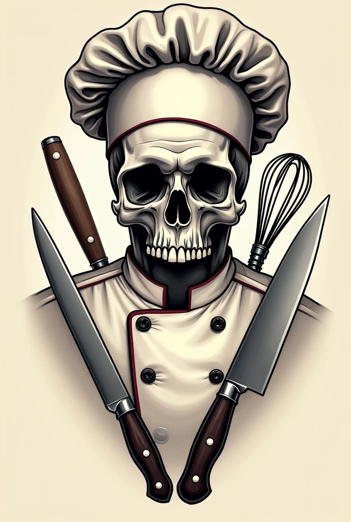 Design a t-shirt featuring a fantasy skullart illustration of a scary skull with a white chef hat Combine a detailed black and white drawing with vibrant, colorful digital fantasy elements knife, froke, creepy dishes. Draw inspiration from the intricate and dynamic styles of Dan Mumford, junko mizuno, and Frank Frazetta.negative space