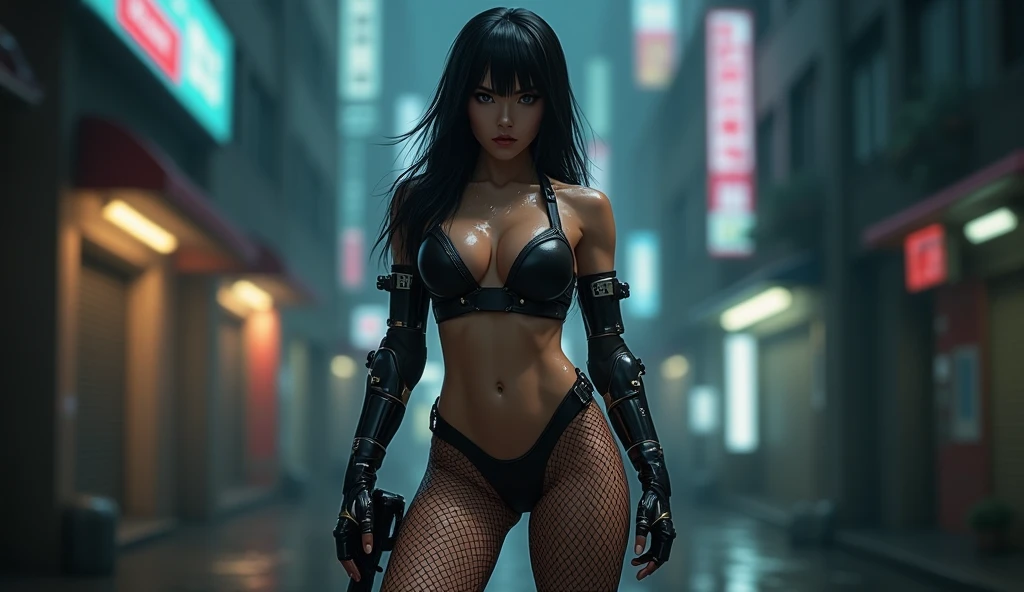 realistic epic, uma foto visual impressionante de {Rihanna} | olhos brilhante | cidade ciberpunk | Luz neon | vibrante | corpo todo | visual principal | dynamic fighting pose | melhor qualidade | lighting, volumetric fog, bioluminescence, volumetric atmosphere, Military style knee pads with studio trigger, UHD, HDR, 16k.