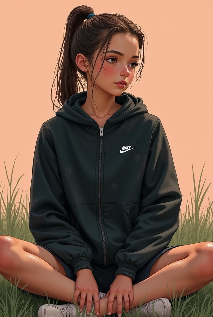 Sexy tall anime girl, long black hair, black eyes, barefoot, wear black adidas cap, wear black adidas hood, wear black panties, background is countryside, stepped in shit, whole body