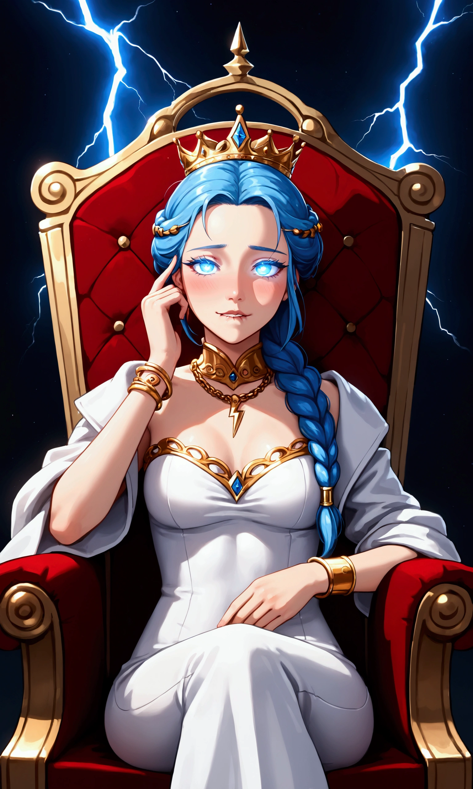 Young lady, bright skin, navey blue hair, braided ponytail, queen, crown, glowing eyes, detailed iris, thick eyelashes, tight dress, hair ornament, jwellery, gold chain, bracelet, female pervert, erotic face, yandere, blush, lip biting, white coat, navey blue miniskirt, detailed face, solo focus, soft lightning, perfect lightning, perfect shadows, perfect anatomy, complex baclground, sitting on throne, holding weapon, sexy, hot, ultra hd, seductive