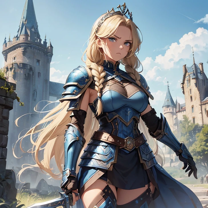 Give me a fantasy fairy character with no wings with honey colored hair in a messy, low updo, a flower crown of baby’s breath and lily of the valley with a ravens feather braided in. Wide, big bright blue eyes and a heart shaped and kind face, with a big warhammer on her back and a shield.
